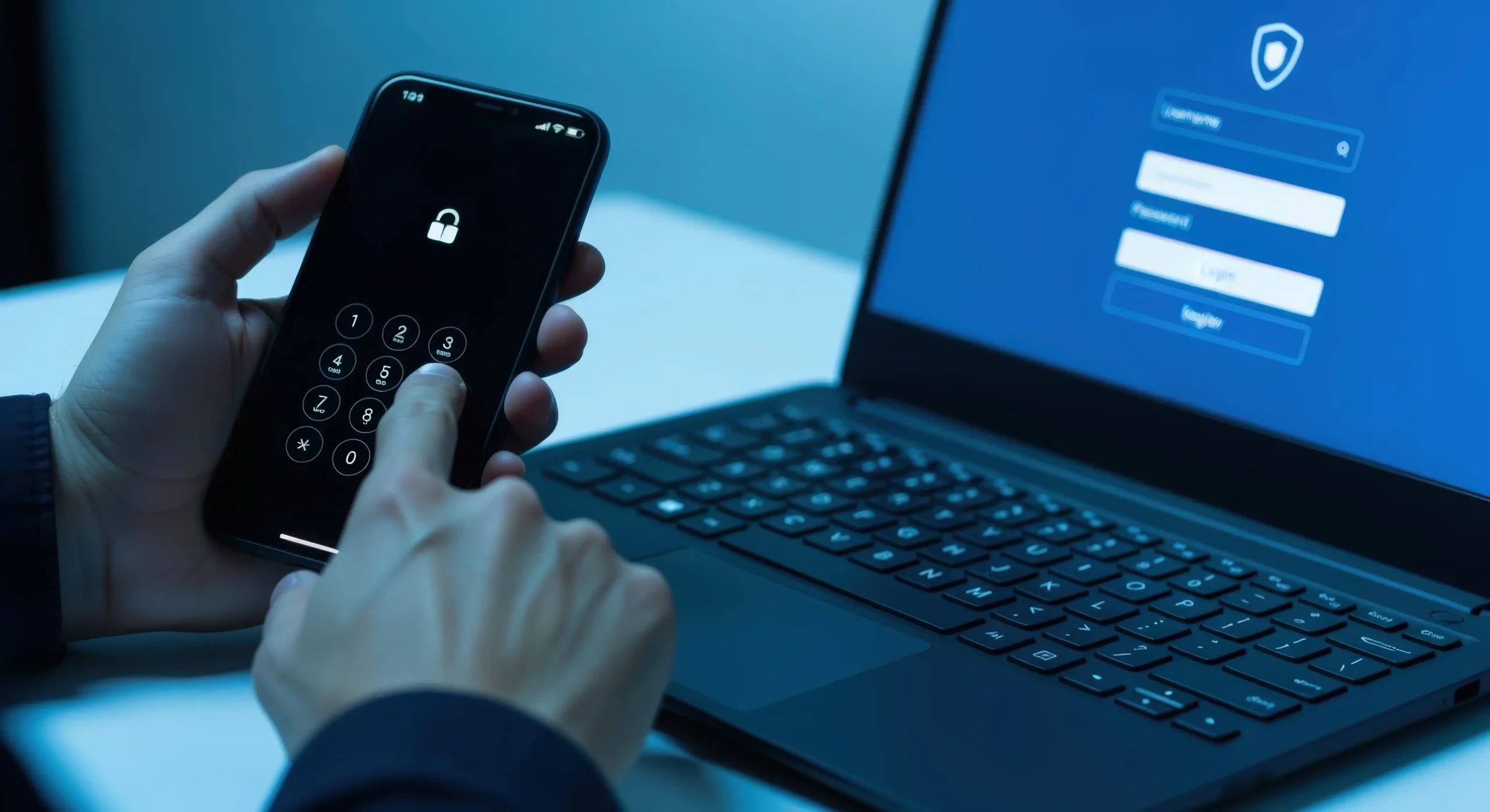 secure access using a phone for two factor authentication to a laptop login page for security purposes photo